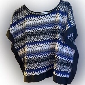 Cato Women Medium Blue Black‎ White Zigzag Print Poncho Top Made in USA